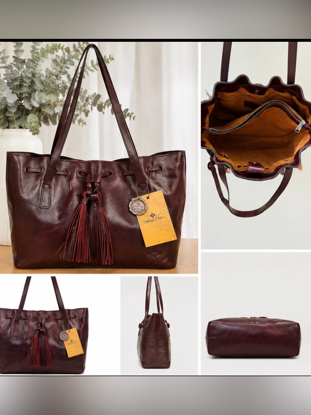 Patricia Nash "Witney" tote bag deep plum leather featuring drawstring tassel - Picture 2 of 11